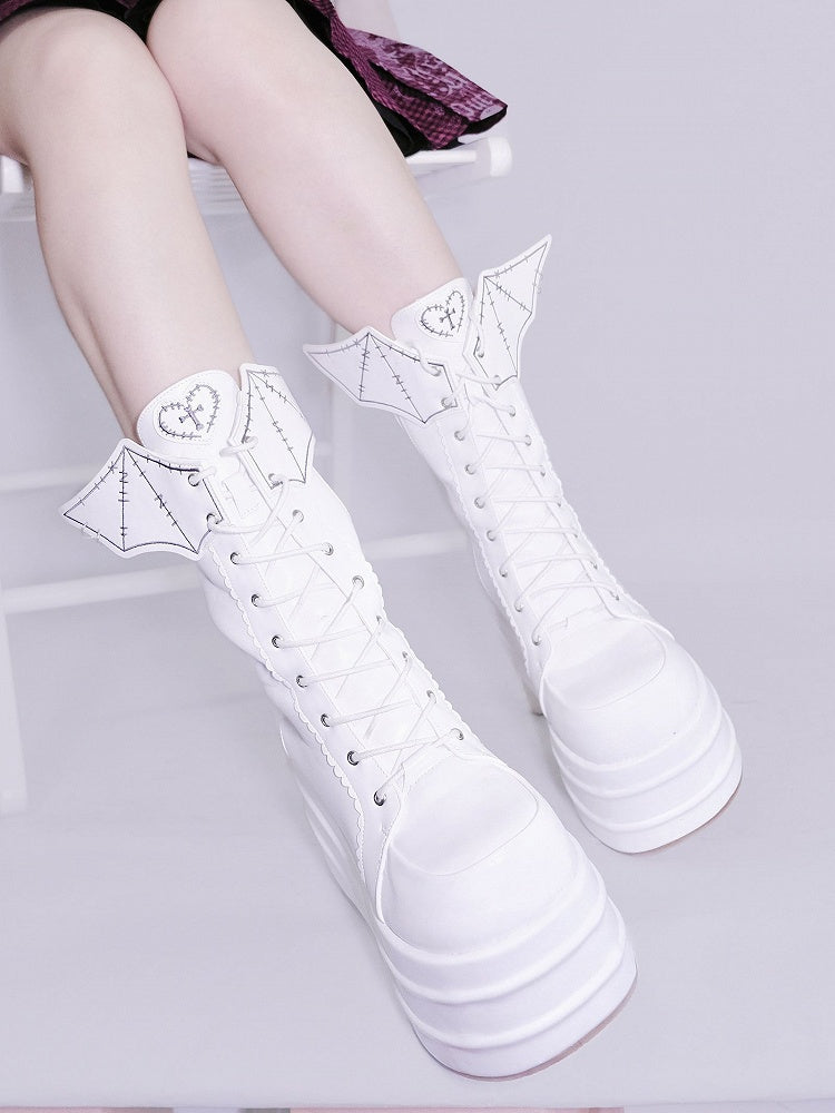 White Goth Platform Boots White Bat Wings Design Lace-up Tie