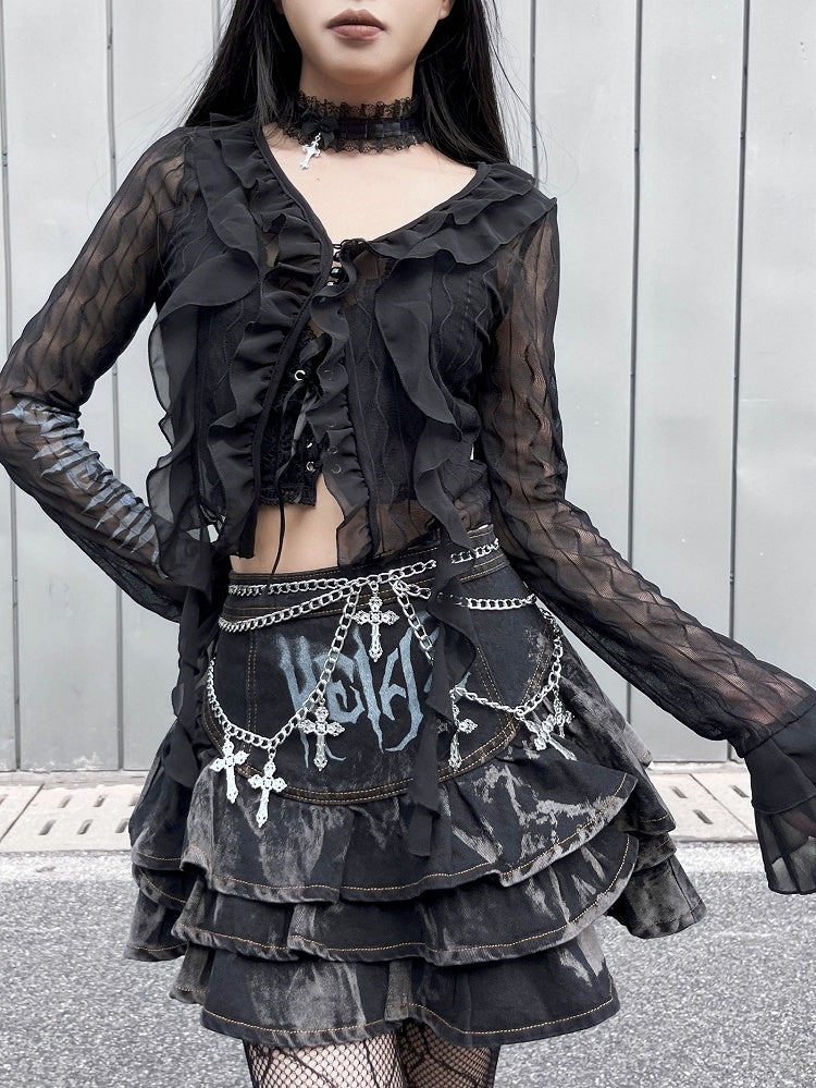 Black Semi-sheer Chiffon Ruffles Crop Top Music Festival Outfits