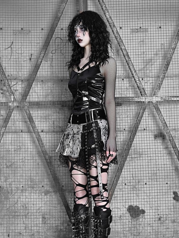 Fishnet Sleeves Black PU Top with Wings Design Straps Coachella Outfits