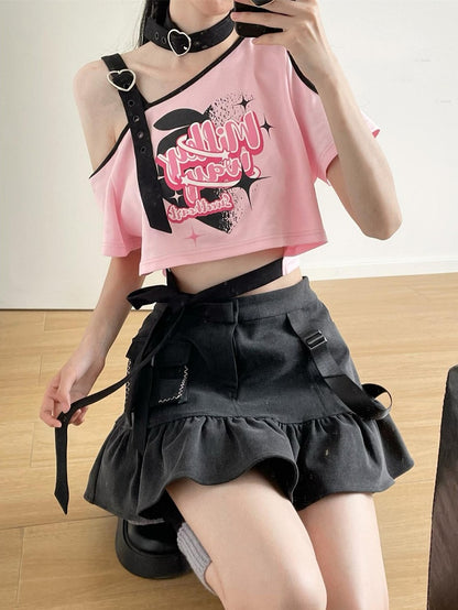 Dark Gray Ruffle Hem Denim Mini Skirt