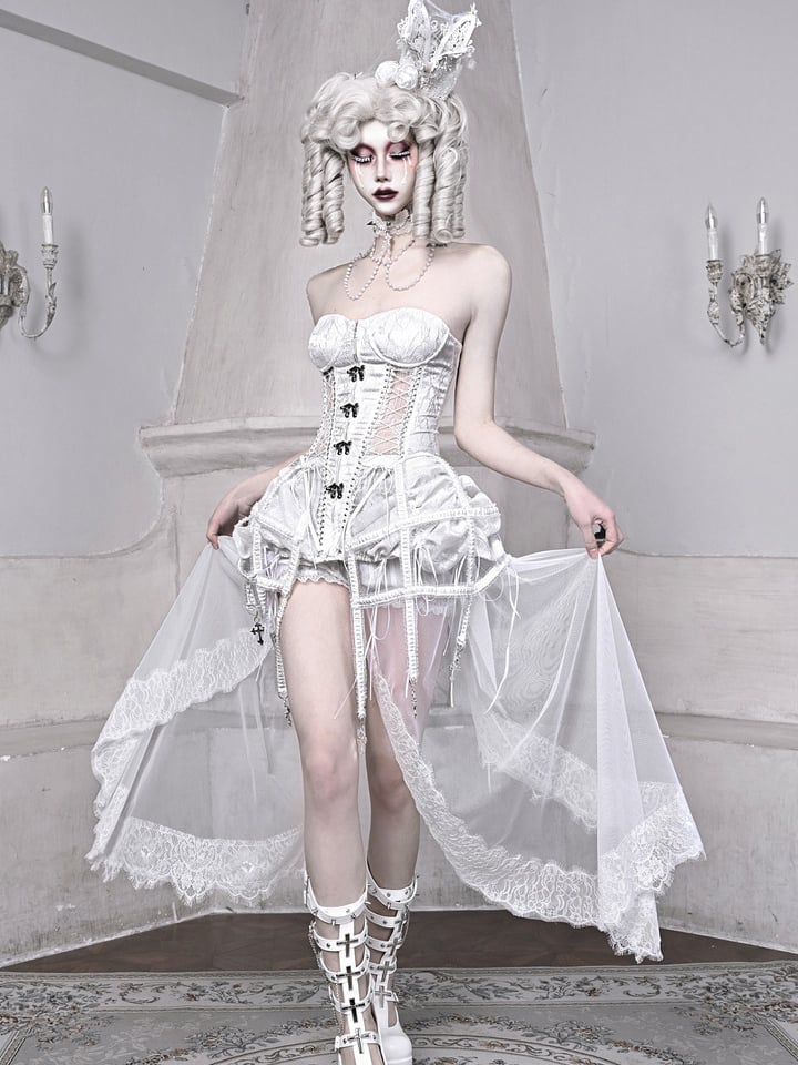 Birdcage Skirt and Bustier Corset Set White Goth Style