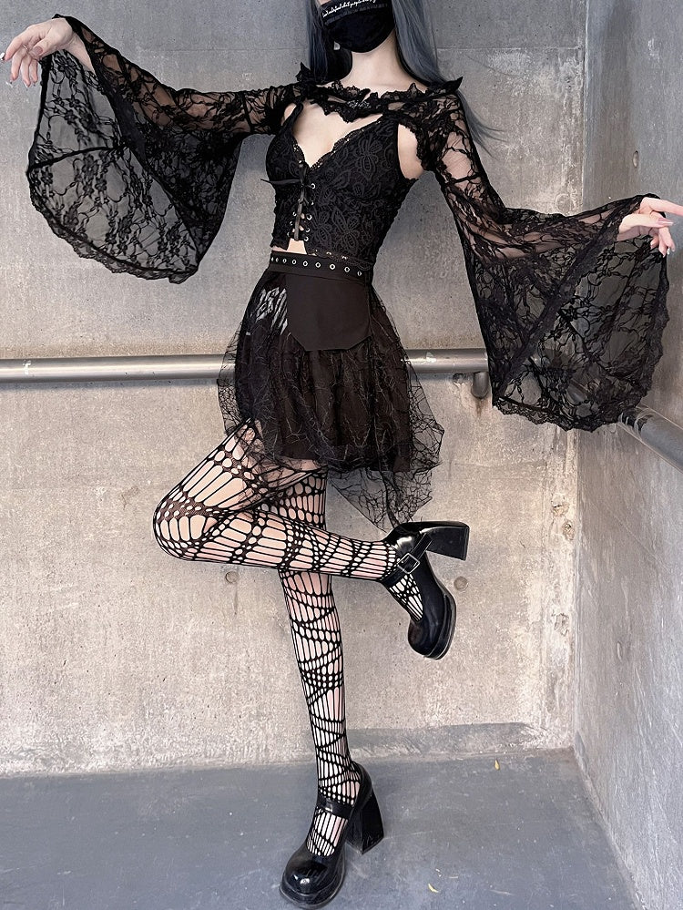 Black Lace Bell Sleeves Shrug and Cami Top Set