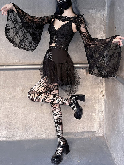 Black Lace Bell Sleeves Shrug and Cami Top Set