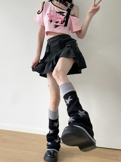 Dark Gray Ruffle Hem Denim Mini Skirt