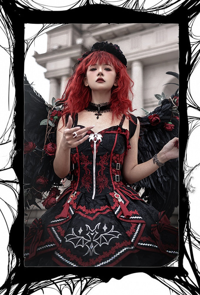 Black and Red Bat and Cross Embroidery Gothic Lolita JSK Zip Front and Buckle Side