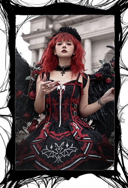 Black and Red Bat and Cross Embroidery Gothic Lolita JSK Zip Front and Buckle Side