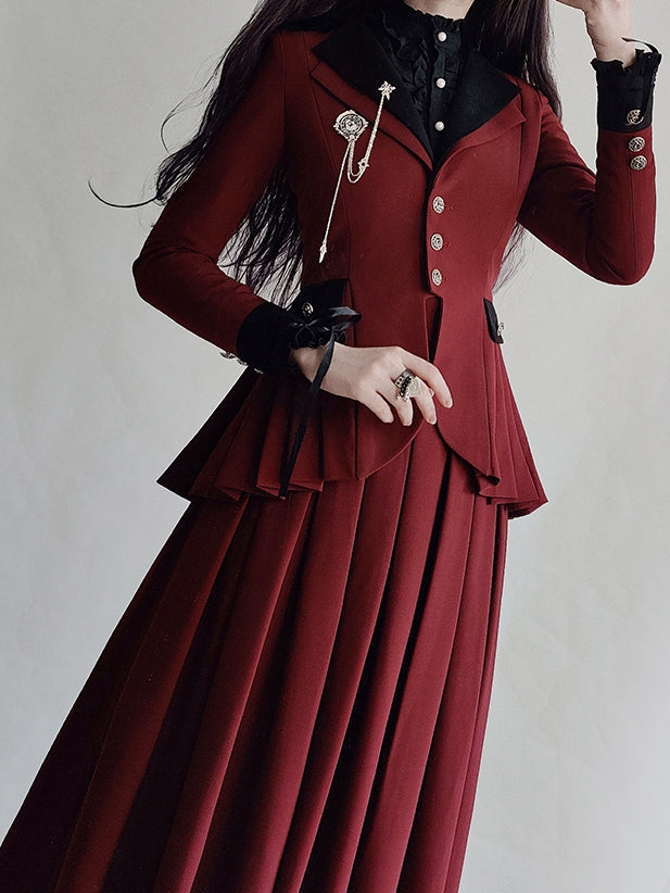 Plus Size Friendly-Wine Red Pleating Details Blazer + Skirt Vintage Set