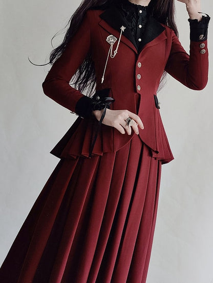 Plus Size Friendly-Wine Red Pleating Details Blazer + Skirt Vintage Set