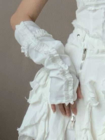 Black/White/Red Sleeves Ruffle Trim Cross Design