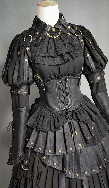 Black Gothic Lolita Under Bust Corset High Waist Layered Pleated Skirt with Shoulder Straps