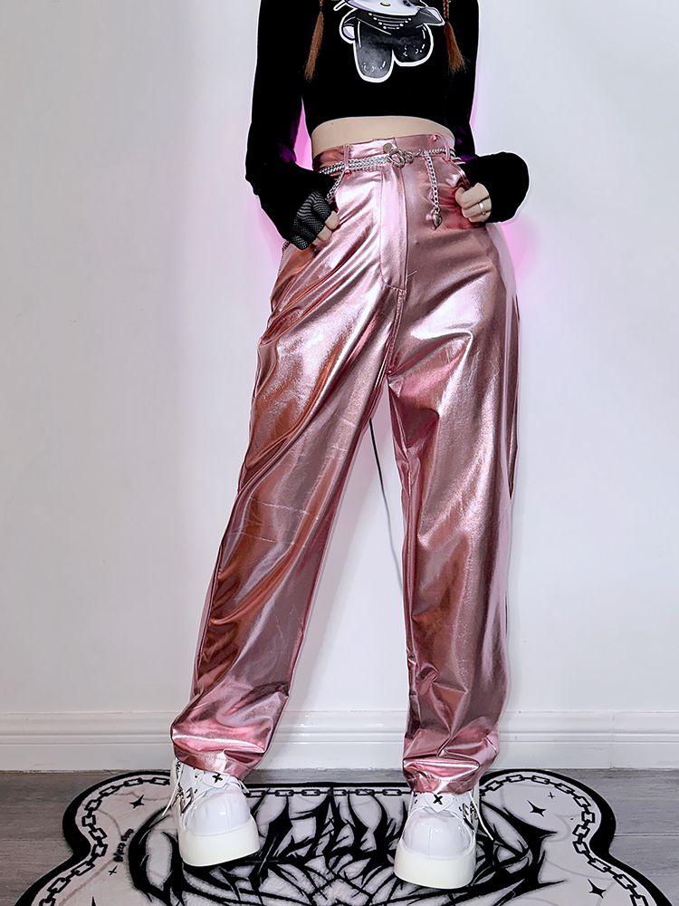 Futuristic Cyberpunk Y3K Metallic Silver/Rose Red/Blue/Green PU Pants