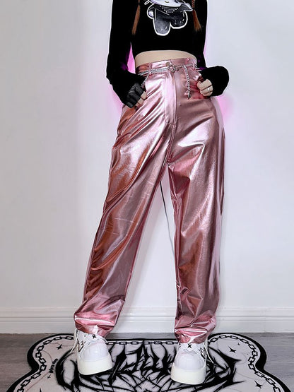 Futuristic Cyberpunk Y3K Metallic Silver/Rose Red/Blue/Green PU Pants