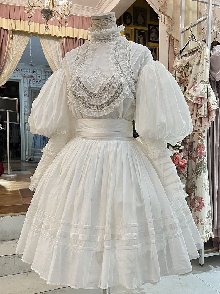White Leg-of-Mutton Sleeves Vintage Lace Blouse and White Skirt Short Version Set