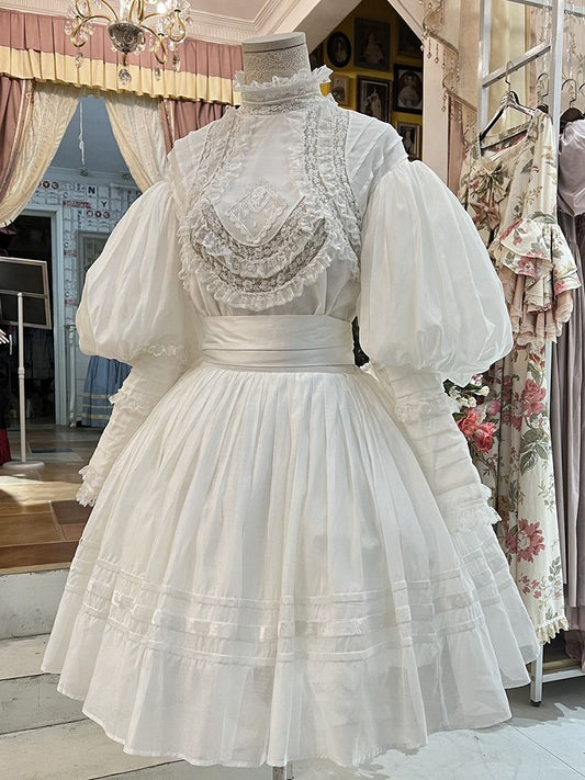 White Leg-of-Mutton Sleeves Vintage Lace Blouse and White Skirt Short Version Set