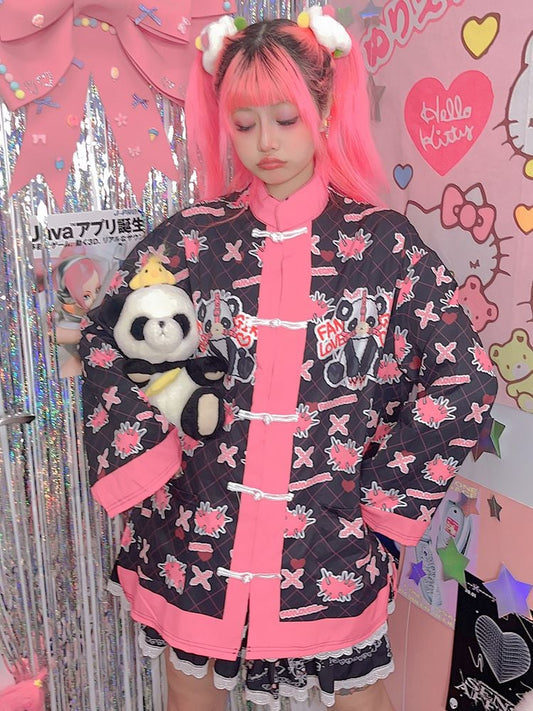 White/Black Panda Print Knot Buttons Banded Collar Jacket