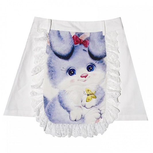 Clearance - Size L for Waist 72CM White Bunny Print Lace Trim Skirt