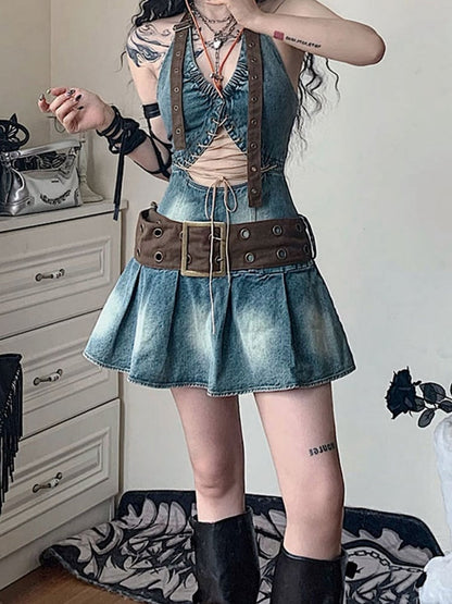 Cutout Detail Halter Neck Denim Dress Pleated Skirt