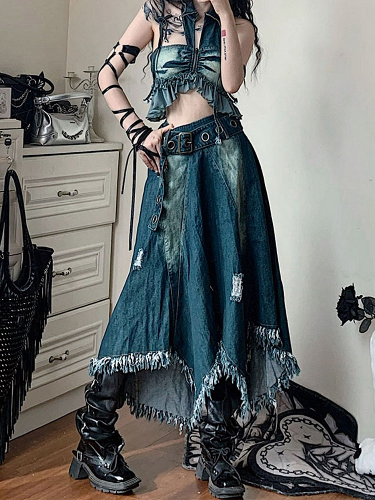 Handkerchief Hem Denim Skirt Raw Hem