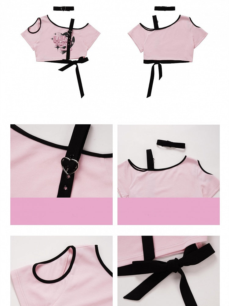 Pink Asymmetrical Open-shoulder Graphic T-shirt with Choker