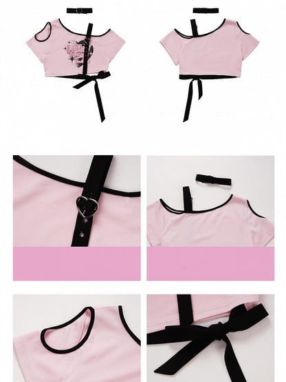 Pink Asymmetrical Open-shoulder Graphic T-shirt with Choker