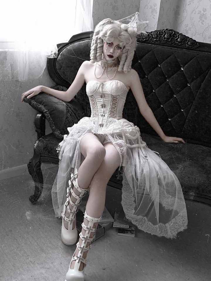 Birdcage Skirt and Bustier Corset Set White Goth Style