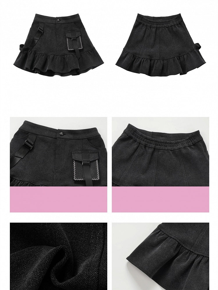 Dark Gray Ruffle Hem Denim Mini Skirt