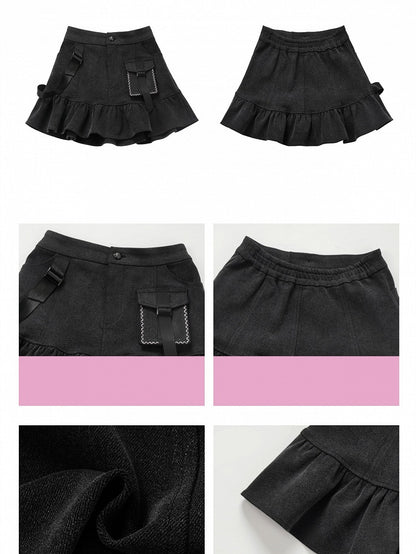 Dark Gray Ruffle Hem Denim Mini Skirt