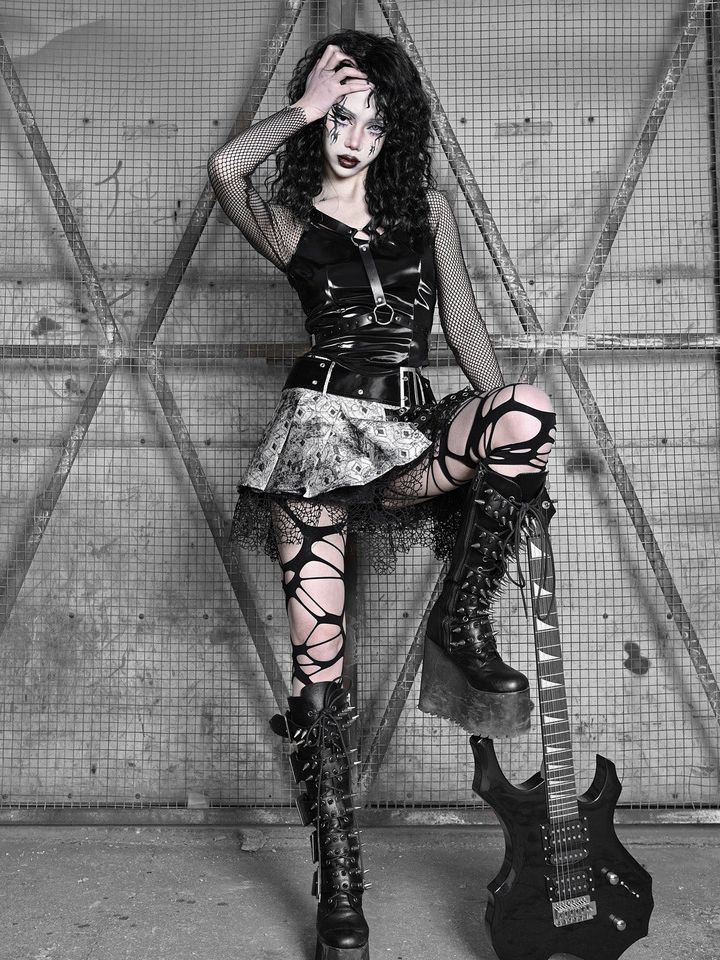 Fishnet Sleeves Black PU Top with Wings Design Straps Coachella Outfits