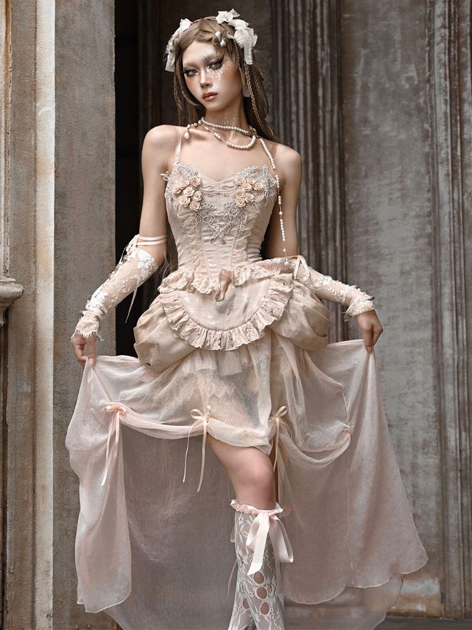 Flowers and Lace Applique Champagne Balletcore Historical Corset