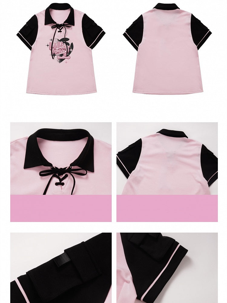 Pink and Black Lace-up Detail Graphic T-shirt