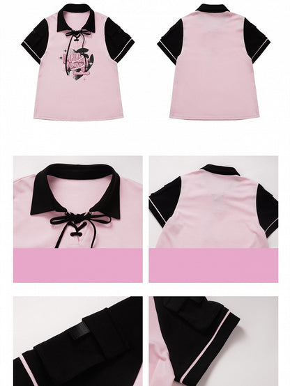 Pink and Black Lace-up Detail Graphic T-shirt