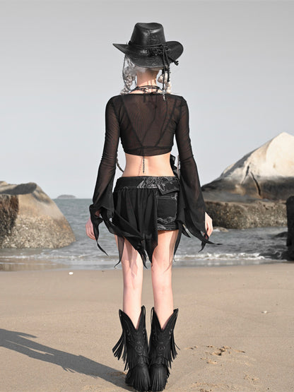 Punk Black Denim Mini Skirt with Dragon Pattern Coachella Outfits