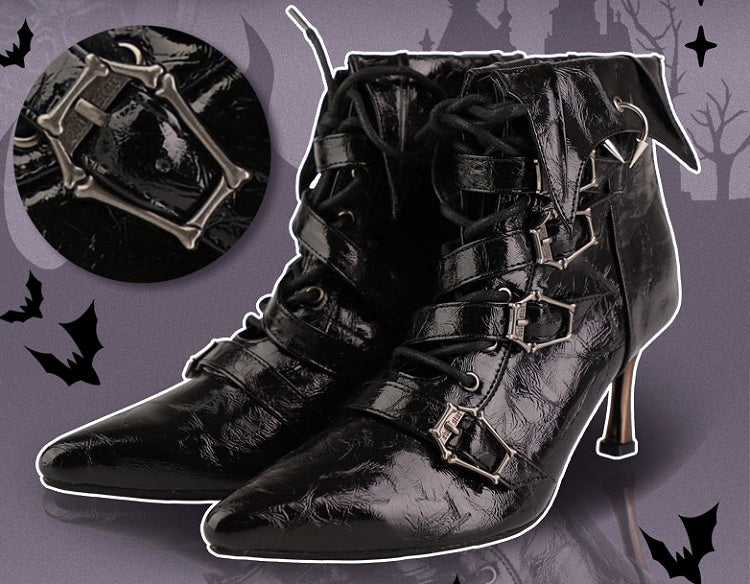 Coffin-shaped Buckle Straps Textured Black Gothic Lolita High Heels