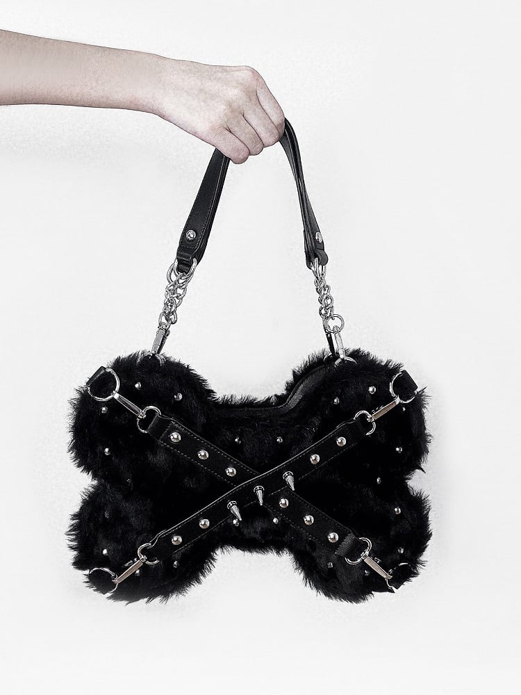 Studs Decorated Black Plush Bone-shaped Bag