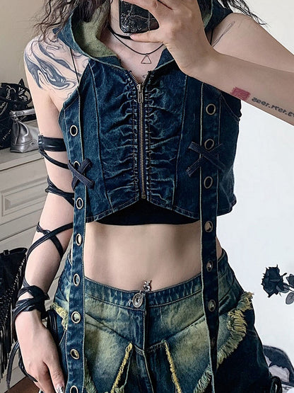 Dune Inspired  Punk Straps Design Hooded Denim Top