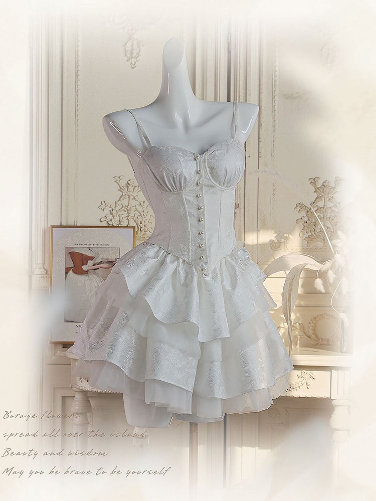 White Jacquard Tiered Skirt with Rosettes Brooch