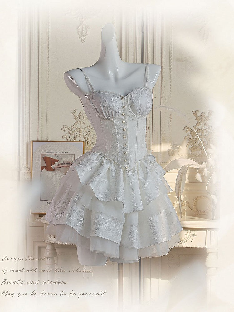White Boned Corset Top with Underwire Cups Rosettes Brooch
