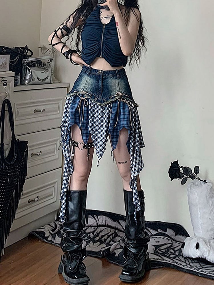 Handkerchief Hem Denim Skirt Patchwork Design