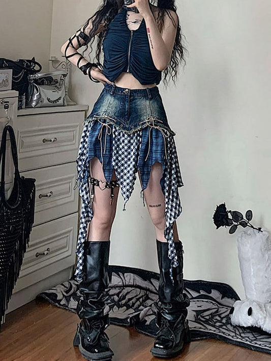 Handkerchief Hem Denim Skirt Patchwork Design