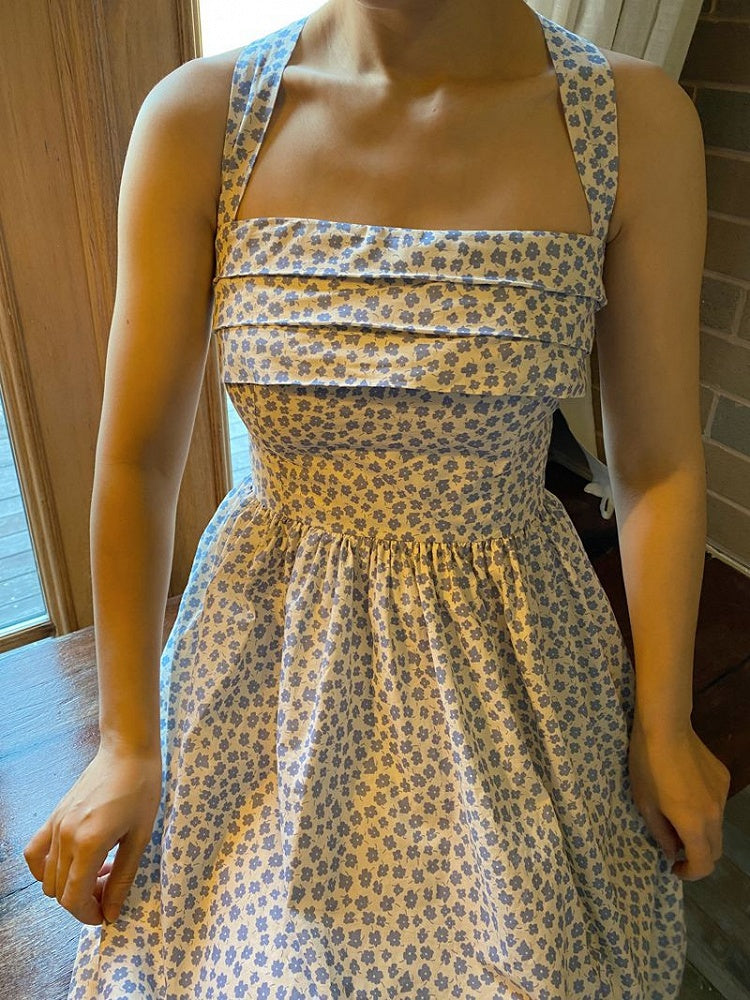 Blue Halter Neck Vintage Dress with Floral Print