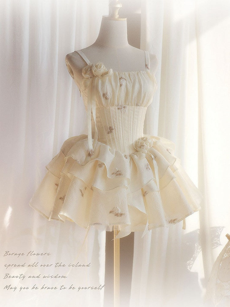 Light Yellow Floral Pattern Boned Bodice Jumper Skirt with Rosette Brooches Short Version