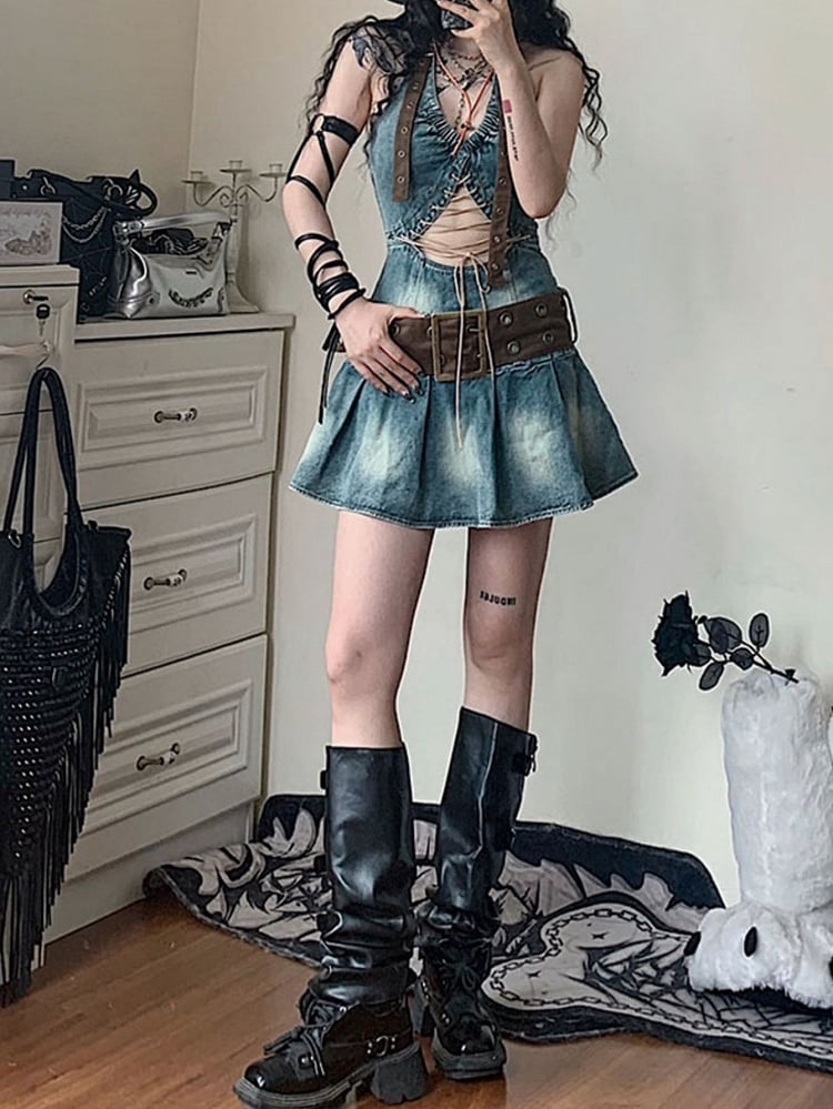 Cutout Detail Halter Neck Denim Dress Pleated Skirt