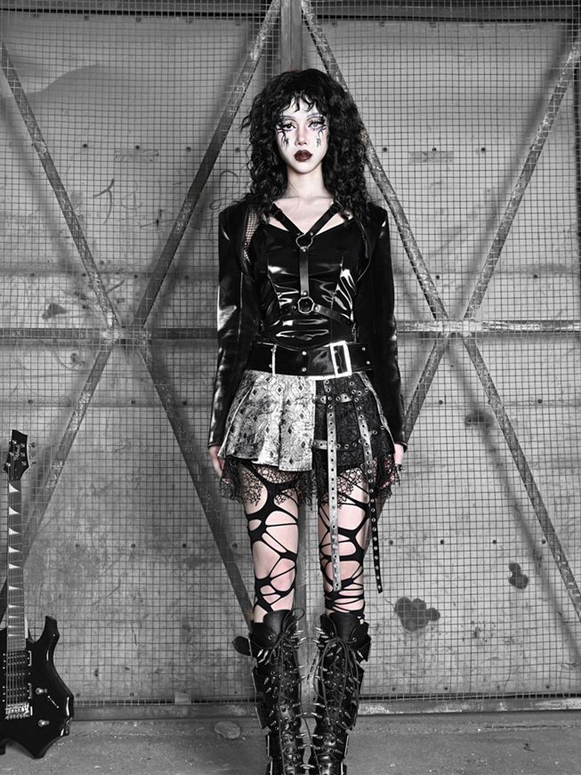 Fishnet Sleeves Black PU Top with Wings Design Straps Coachella Outfits