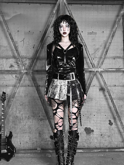 Fishnet Sleeves Black PU Top with Wings Design Straps Coachella Outfits