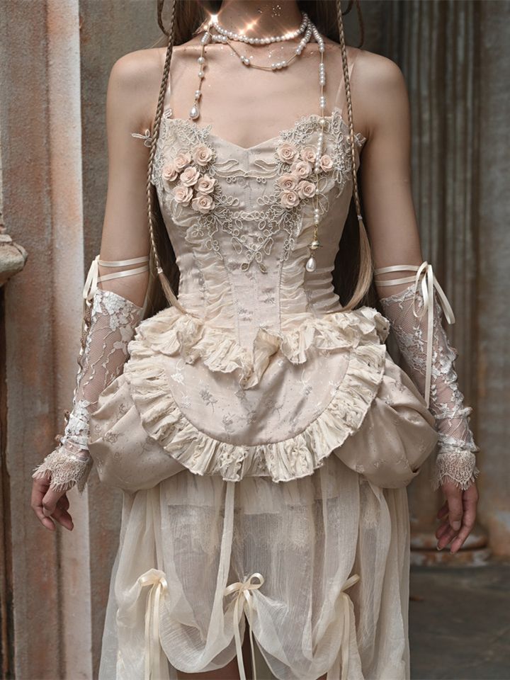 Champagne Boned Lace-up Floral Corset+Chiffon High-low Skirt Goth Set