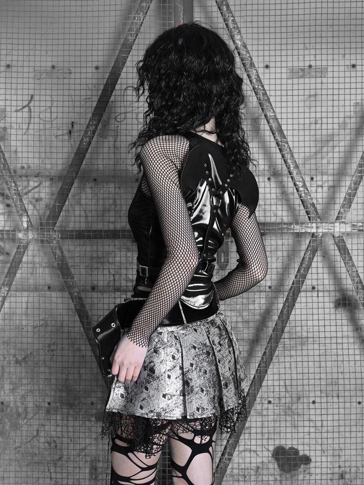 Fishnet Sleeves Black PU Top with Wings Design Straps Coachella Outfits