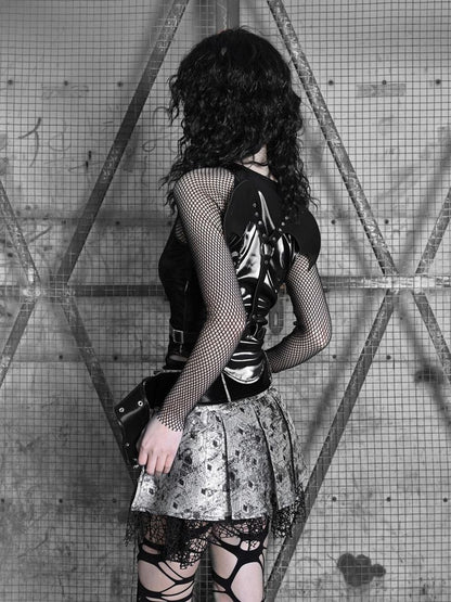 Fishnet Sleeves Black PU Top with Wings Design Straps Coachella Outfits