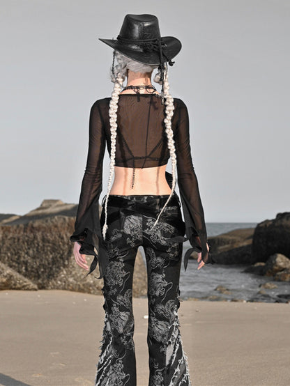 Black Semi-sheer Tulle Cropped Top Denim Collar Coachella Outfits