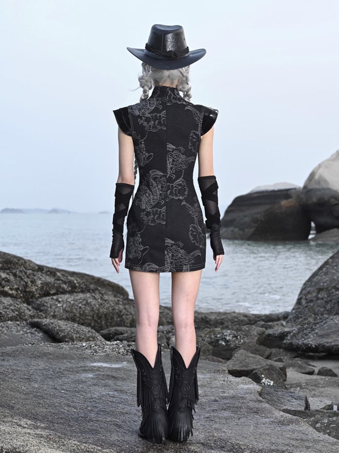 Clearance-Size S for Bust 82CM Black Dragon Pattern Qipao Dress Summer Festival Punk Dress