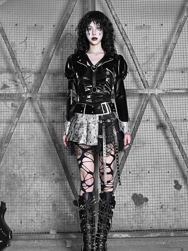 Fishnet Sleeves Black PU Top with Wings Design Straps Coachella Outfits